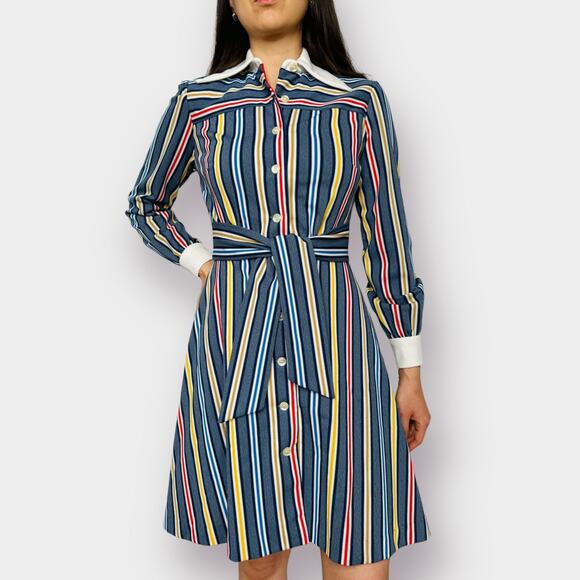 70s Blue Yellow Red Striped Dress with White Collar - Picture 2 of 7